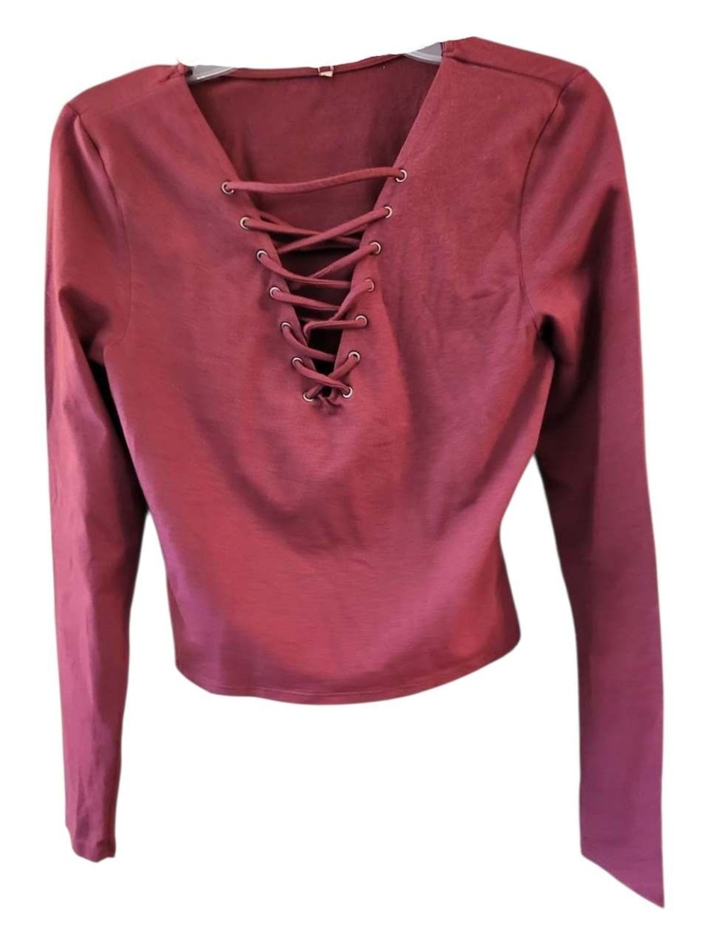 Emma & Sam Women's Burgundy Long Sleeve Lace-Up V-Neck Top - Size L